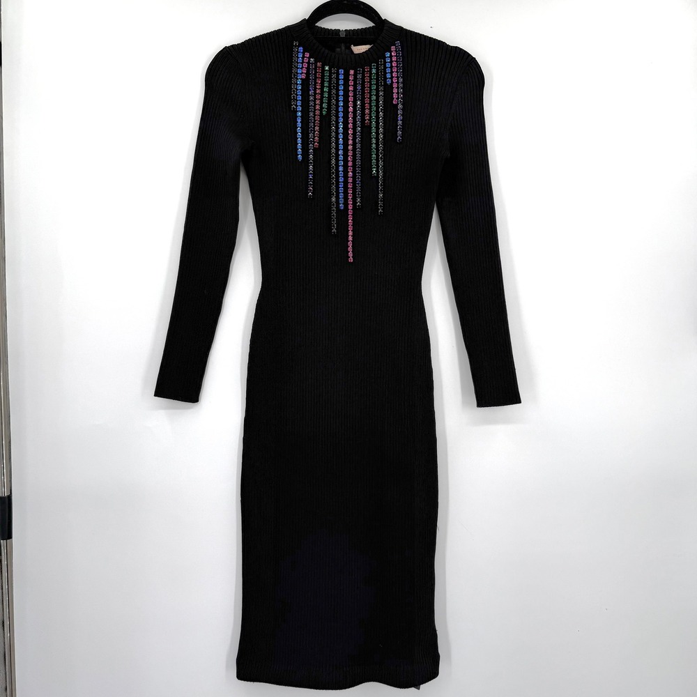 Christopher Kane Black Crystal Fringe Mock Neck Formal Cocktail Midi Dress XS